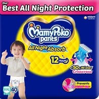 Mamypoko pants All Night Absorb| Pant Style Baby Diapers XX- Large Size(XXL), 40 Count, Ideal for 15-25Kgs