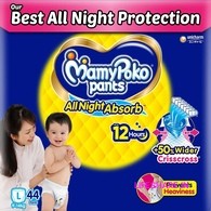 Mamypoko pants All Night Absorb| Pant Style Baby Diapers Large Size(L), 44 Count, Ideal for 9-14Kgs