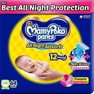 Mamypoko pants All Night Absorb| Pant Style Baby Diapers New Born Size(XS), 64 Count, Ideal for upto 5Kgs
