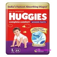 Huggies Complete Comfort Wonder Pants | Pant Style Baby Diapers Large Size, 64 Count | India's Fastest Absorbing Diaper, Prevents Diaper Rash, Ideal for 9 to 14 Kgs